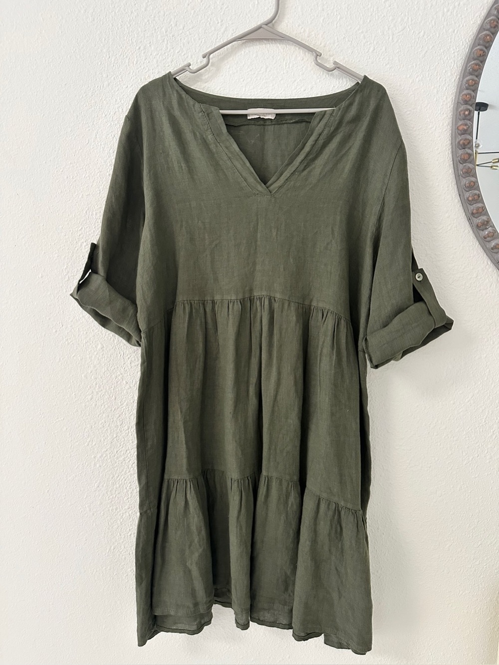 Bellambria Made in Italy Olive Green Linen V-Neck Tiered  Midi Dress